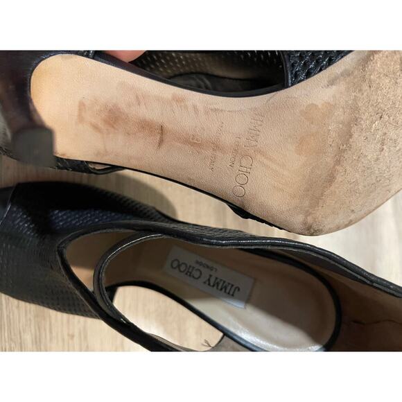 Jimmy Choo Black Woven Leather Perp-Toe Heels - Picture 2 of 5